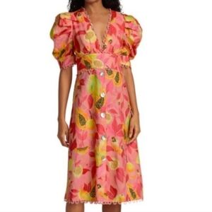 Farm Rio Pink Papaya Leaf Floral Pink Midi Dress, Linen. Small